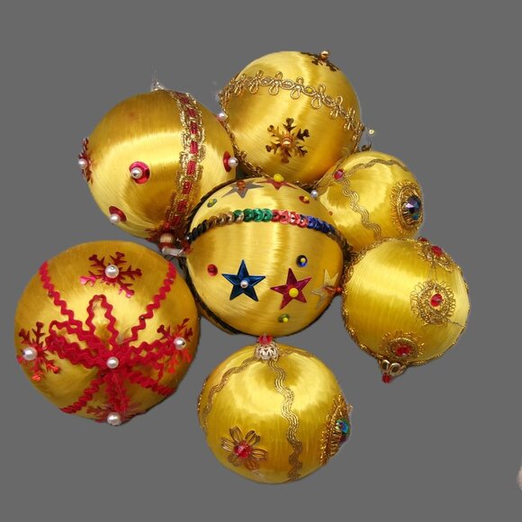 7 Gold Push Pin Christmas Ornaments, Satin Beaded Sequins, Vintage Handmade - Picture 1 of 10